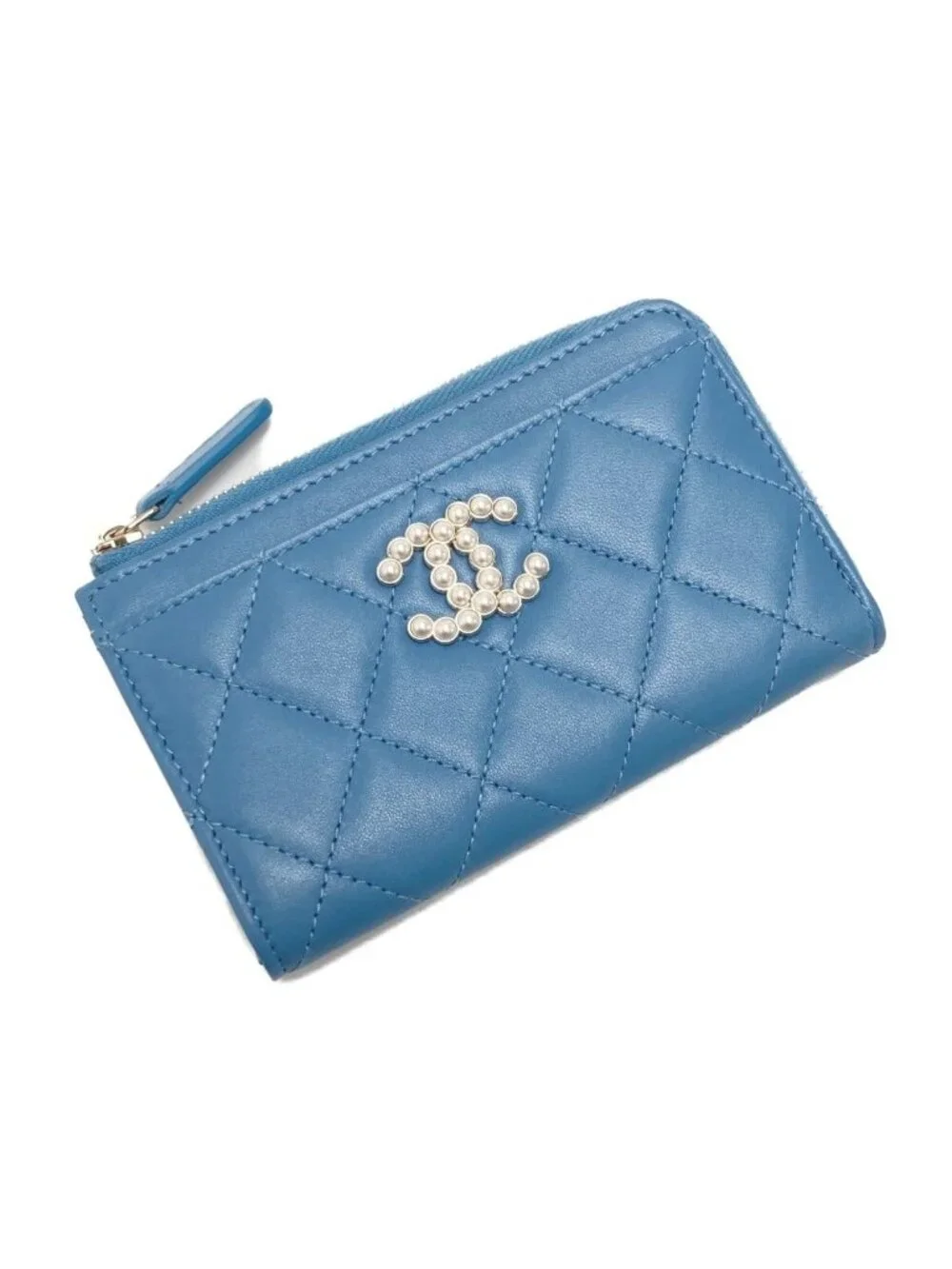 Chanel Quilted Faux Pearl Card Case Ap3836 Blue Coco Mark Lambskin Coin